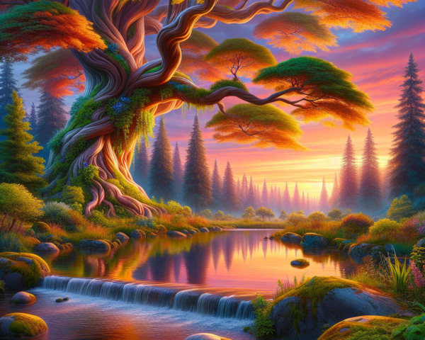 Majestic Tree by Serene River at Sunset