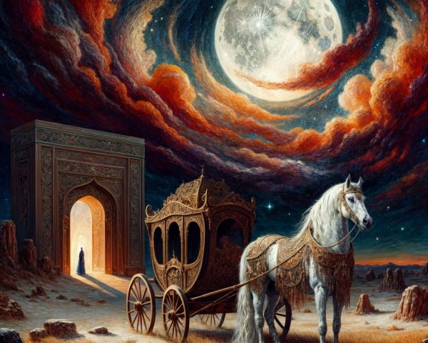 Majestic white horse and ornate carriage under vibrant sky