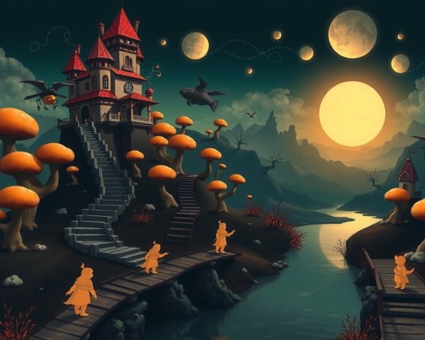 Whimsical Landscape with Castle and Enchanted Creatures