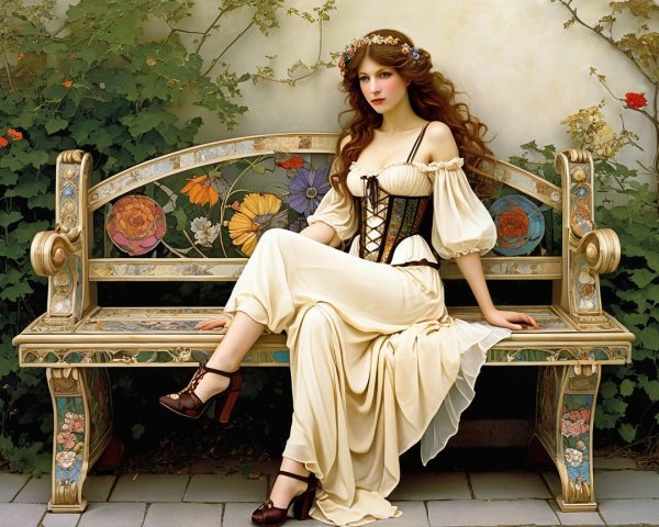 Young woman in cream gown on floral bench scene