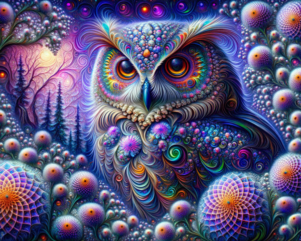 Psychedelic Owl Surrounded by Abstract Glowing Flora