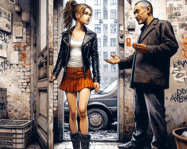 Urban Encounter: Confident Woman Meets Older Man