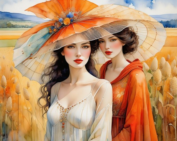 Elegant Women in a Golden Field Under Vibrant Sky