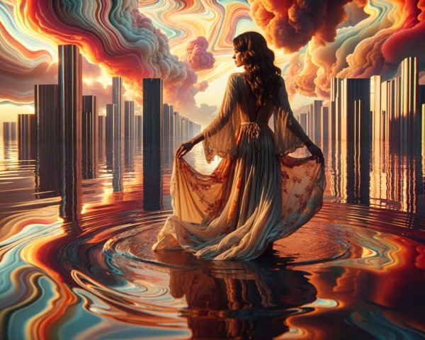 Woman in Floral Gown by Tranquil Waters with Clouds