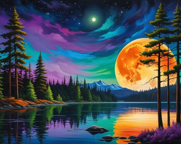 Surreal Landscape with Glowing Moon and Tranquil Lake