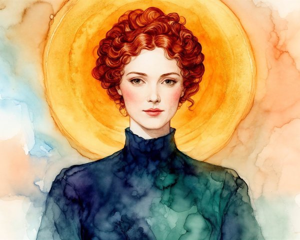 Watercolor Painting of Woman with Red Curly Hair