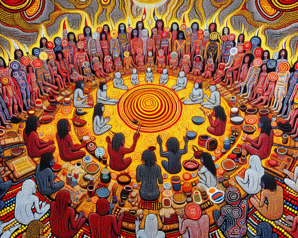 Vibrant Circular Gathering of Diverse Figures and Sun