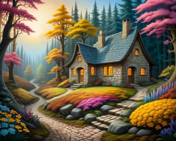 Stone cottage surrounded by vibrant autumn trees