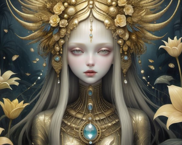 Mystical Figure with Golden Headdress and Flowers