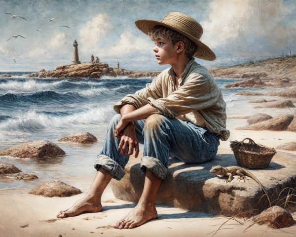 Young Boy on Rocky Beach with Lighthouse and Waves