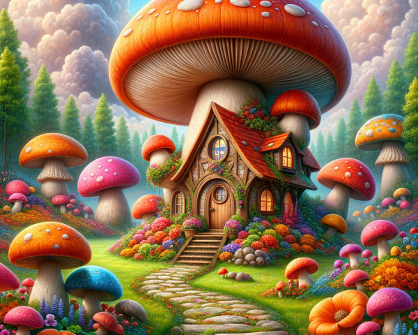 Charming Cottage Under Giant Orange Mushroom Scene