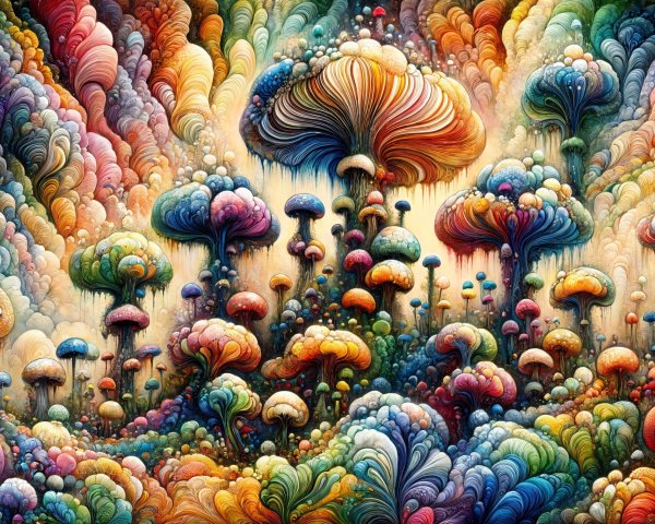 Vibrant Dreamlike Landscape with Colorful Mushrooms
