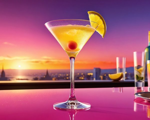 Cocktail Glass with Yellow Drink and Sunset Backdrop