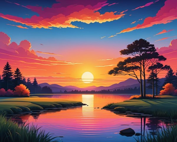 Vibrant Sunset Over Tranquil Waters and Mountains