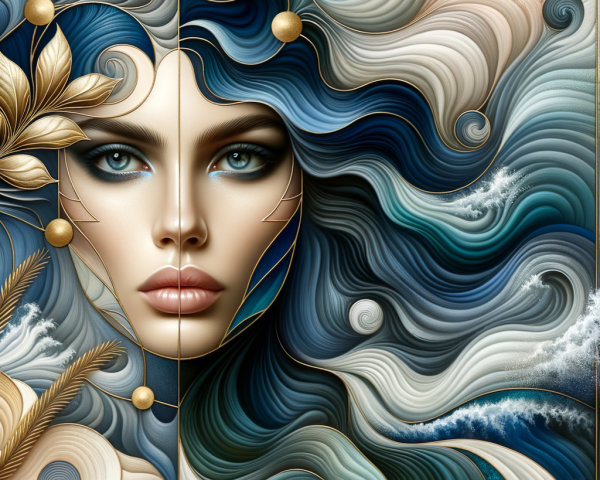 Ethereal Woman's Face in Blue and White Waves