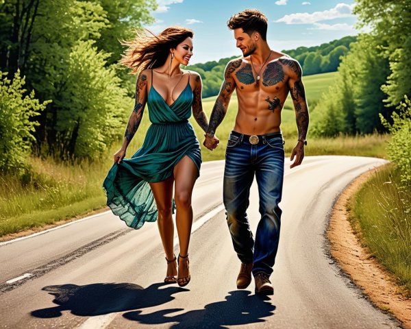 Couple Walking on Sunlit Road Surrounded by Greenery