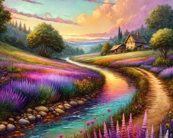 Serene Landscape with River, Lavender Fields, and Sunset