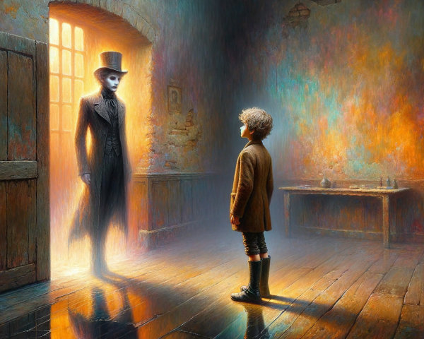 Young boy encounters ghostly figure in dim room
