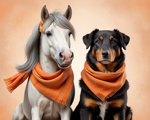 Whimsical Scene of Pony and Dog with Orange Scarves