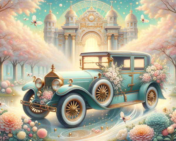 Vintage Car in a Flower-Adorned Dreamy Garden