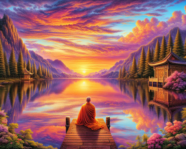 Monk on Dock at Sunset Over Tranquil Lake Scene