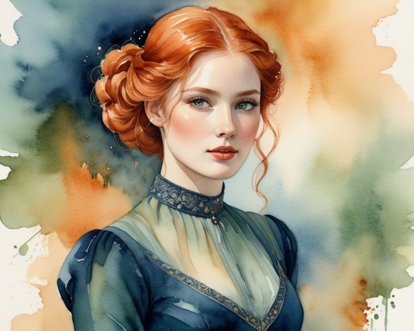 Watercolor Portrait of a Young Woman with Updo Hairstyle