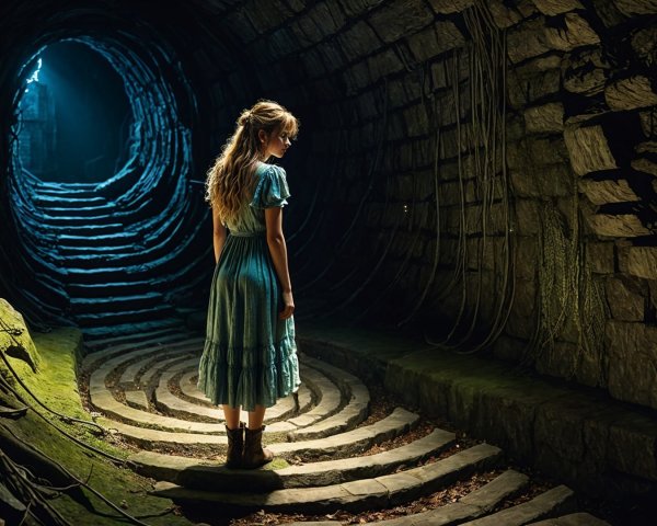 Young girl in vintage blue dress in stone tunnel