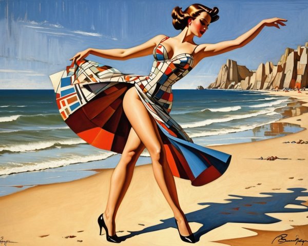 Glamorous Woman in Vibrant Dress on Sunny Beach