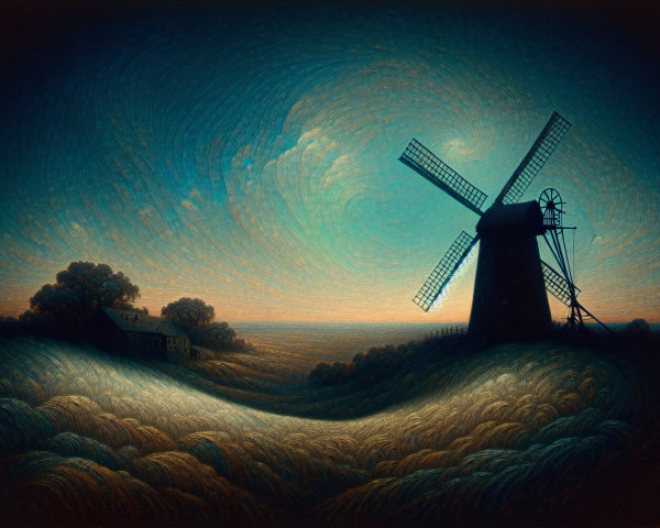 Serene Landscape with Windmill and Farmhouse Silhouette