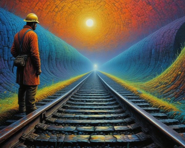 Lone Figure on Railroad Track Against Vibrant Horizon