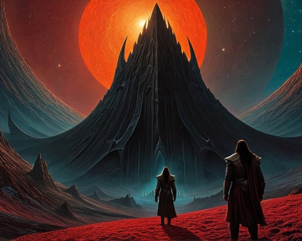 Robed Figures in Alien Landscape with Orange Celestial Body