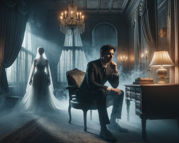 Opulent Room with Ghostly Figure and Dramatic Lighting
