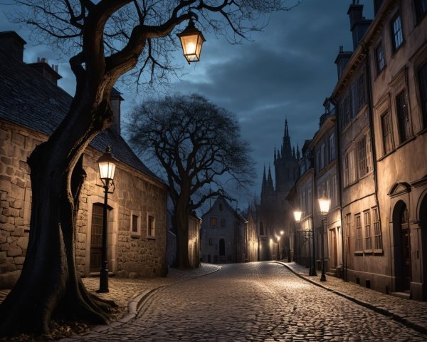 Historic Cobblestone Street with Gothic Architecture
