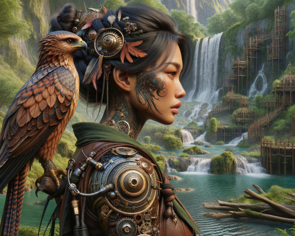 Woman with Tattoos and Steampunk Elements Beside Falcon