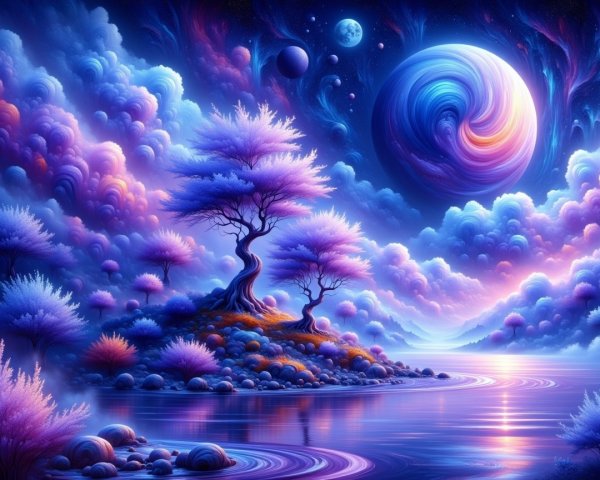 Surreal Landscape with Vibrant Clouds and Cosmic Elements