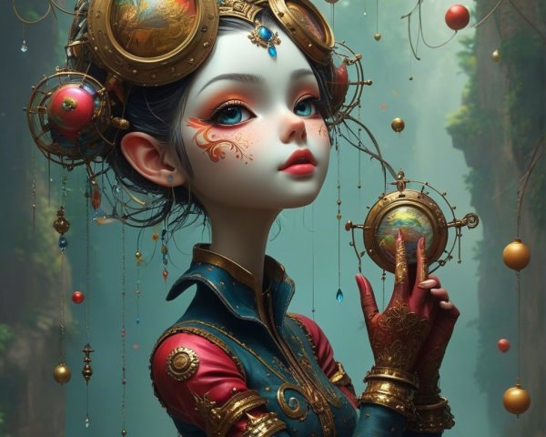 Female figure in steampunk attire in mystical setting