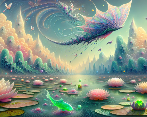 Mystical Landscape with Iridescent Butterfly Creature