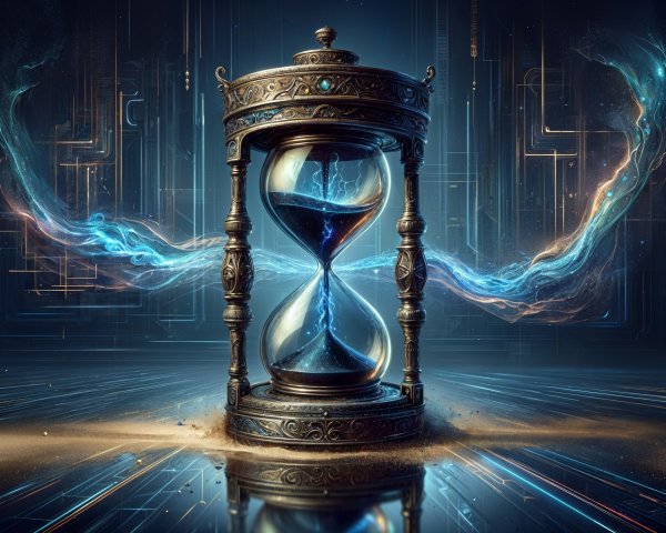 Hourglass with Blue Sand in Futuristic Landscape