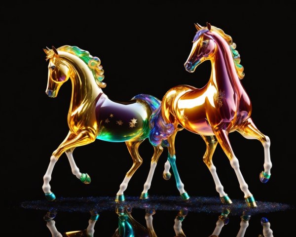 Elegant Glossy Horses Dancing in Cosmic Colors