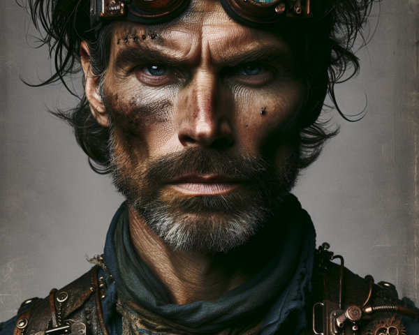 Rugged Steampunk Character with Vintage Goggles and Beard