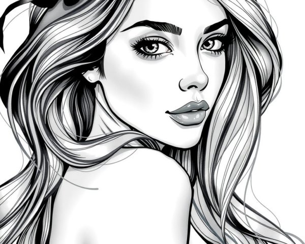 Stylized Black and White Illustration of Glamorous Woman