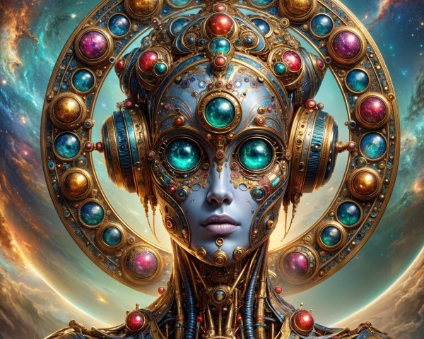 Futuristic humanoid figure with cosmic background details