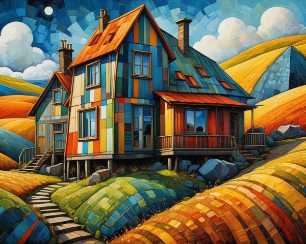 Colorful House Surrounded by Rolling Hills and Fields