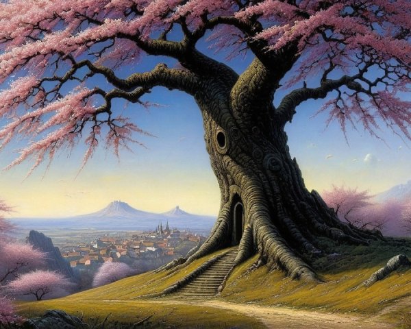 Ancient Tree with Pink Blossoms in Serene Landscape