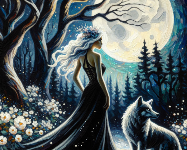 Silhouette of a Woman and Wolf Under a Full Moon