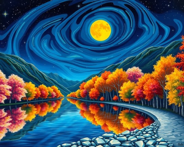 Vibrant Landscape with River and Starry Night Sky