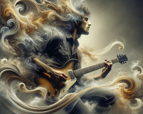 Electric Guitar Performance Amidst Colorful Smoke Patterns