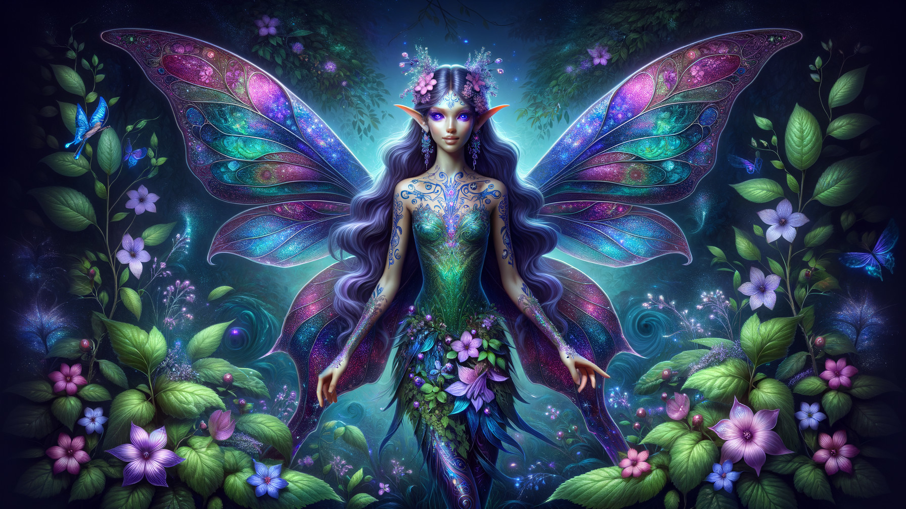 Fairy with Iridescent Wings in Enchanted Forest