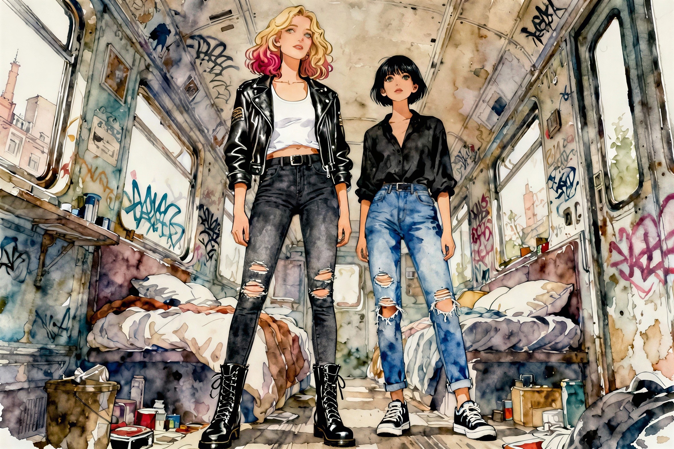 Anime-style women in a graffiti-covered train car
