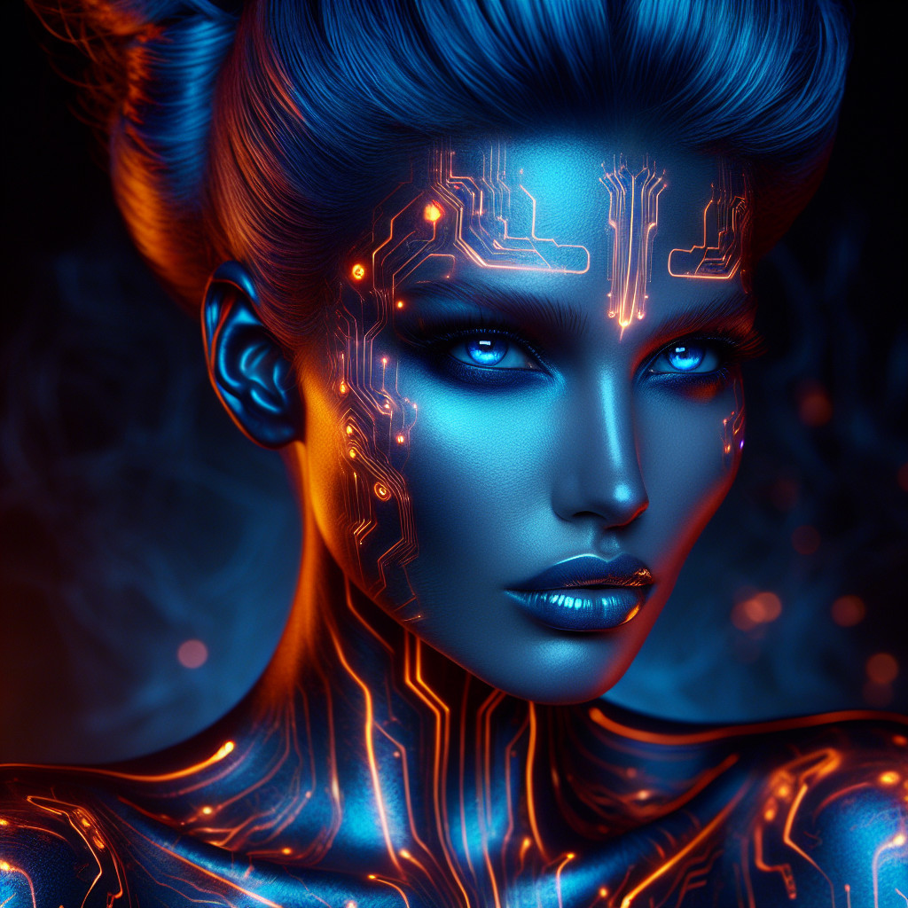 Futuristic Portrait with Metallic Blue Skin and Circuits